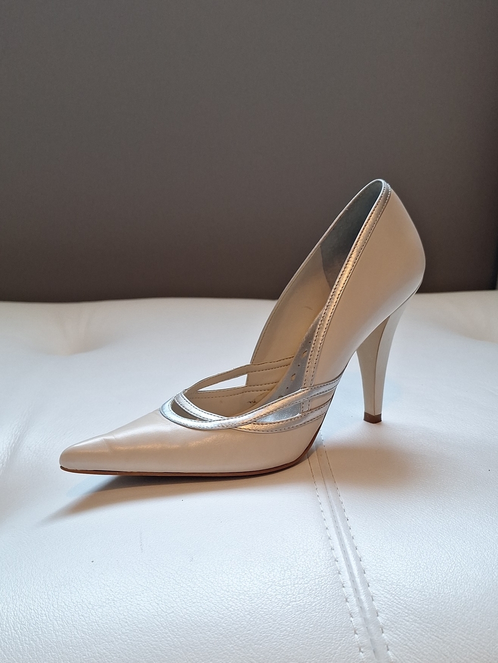 BCBGirls Cream Pumps with Silver Metallic Trim